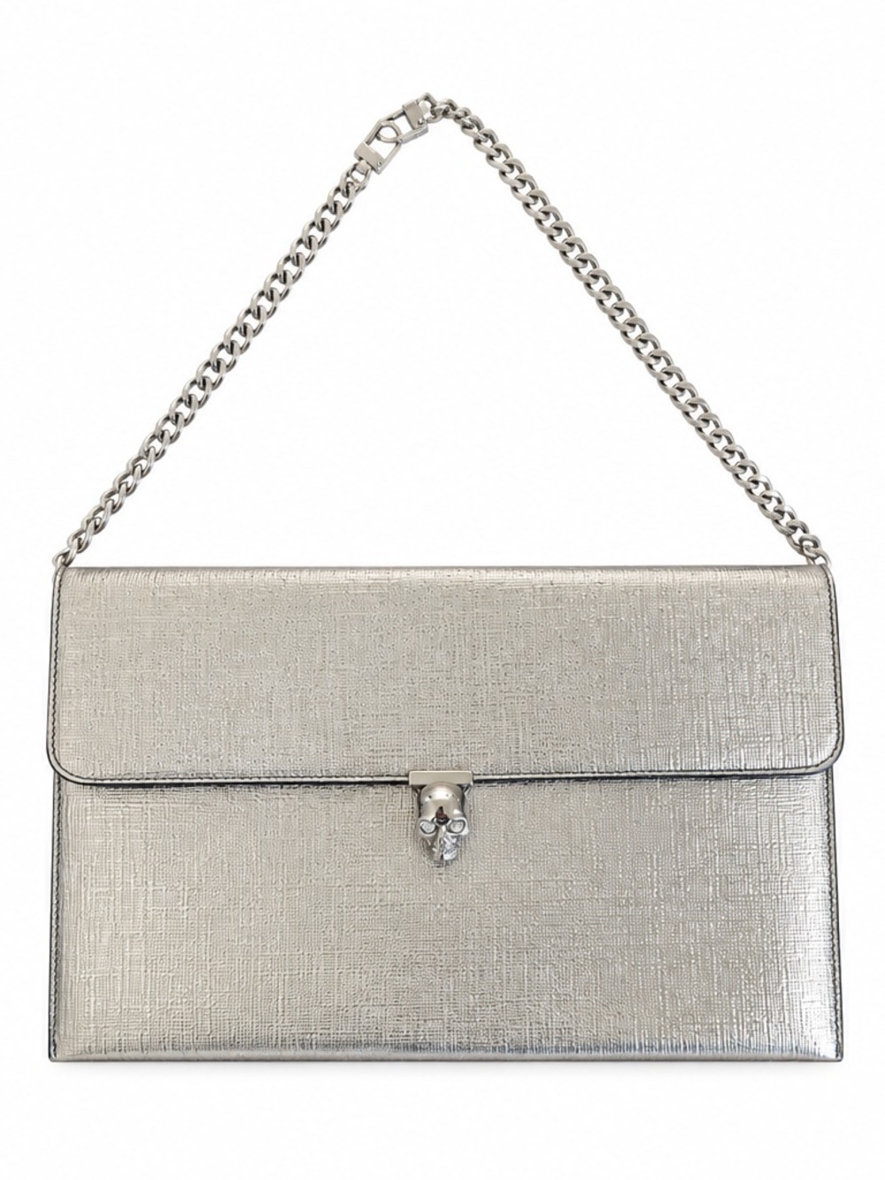 ALEXANDER MCQUEEN Metallic Silver Leather Skull Envelope Clutch Chain Bag EUC